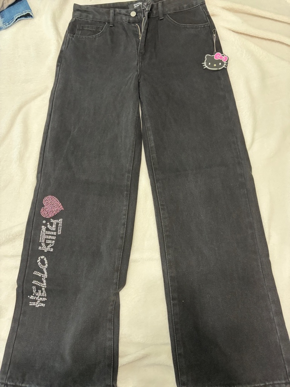 Forever 21 Black Wide-Leg Jeans with Pink Heart & Hello Kitty Charm